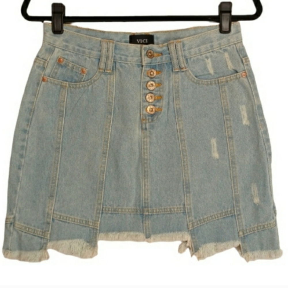 VICI Button Fly Light Blue Wash Asymmetrical Hem Jean Denim Skirt Medium